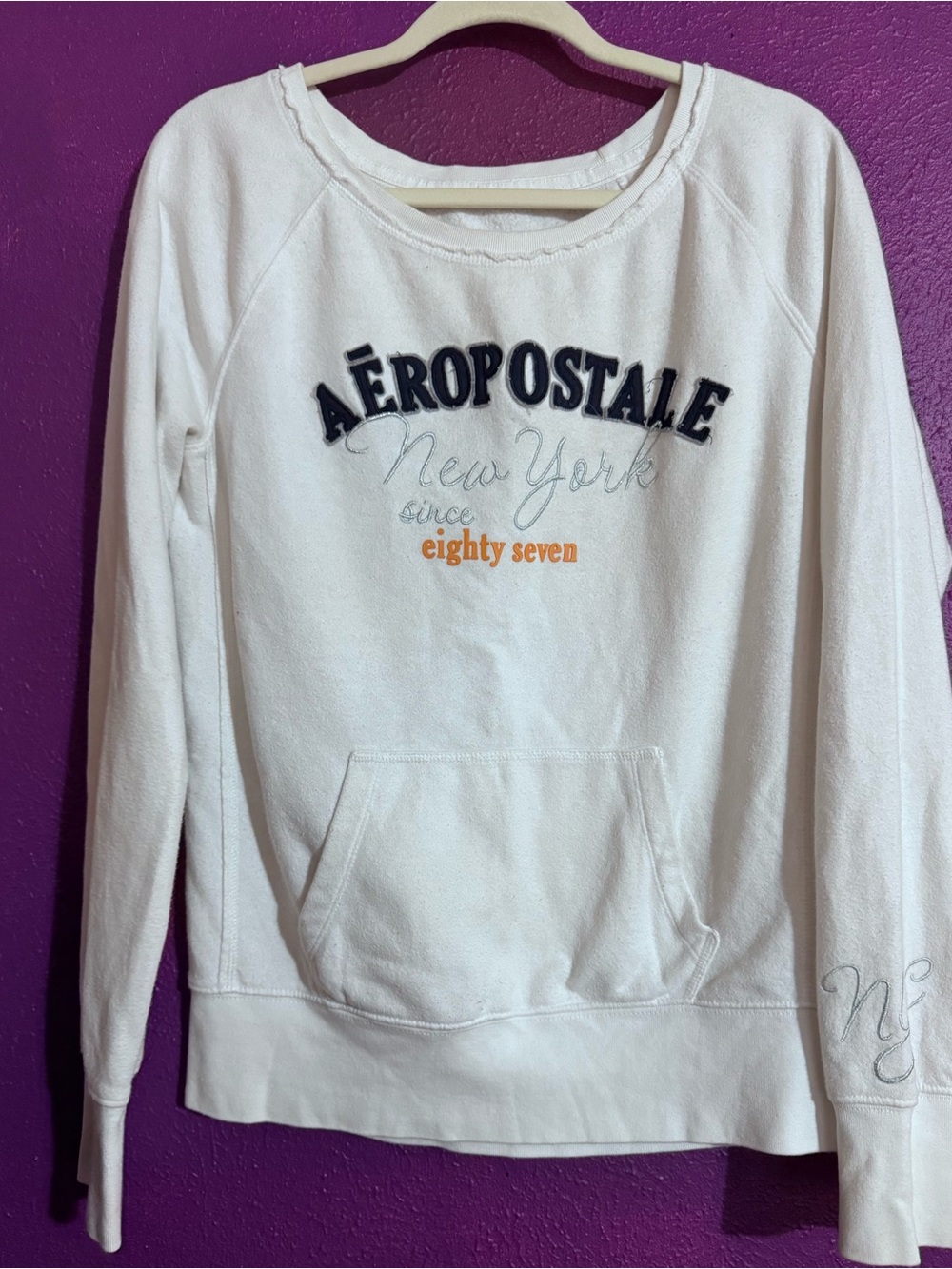 Aeropostale White Crewneck Pullover with Navy & Orange Logo